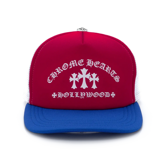 Chrome Hearts Cross Logo Colorblock Trucker Hat Red/White/Blue One Size